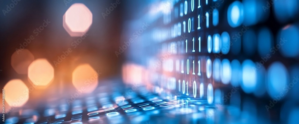 Poster glowing binary code on laptop screen at night.