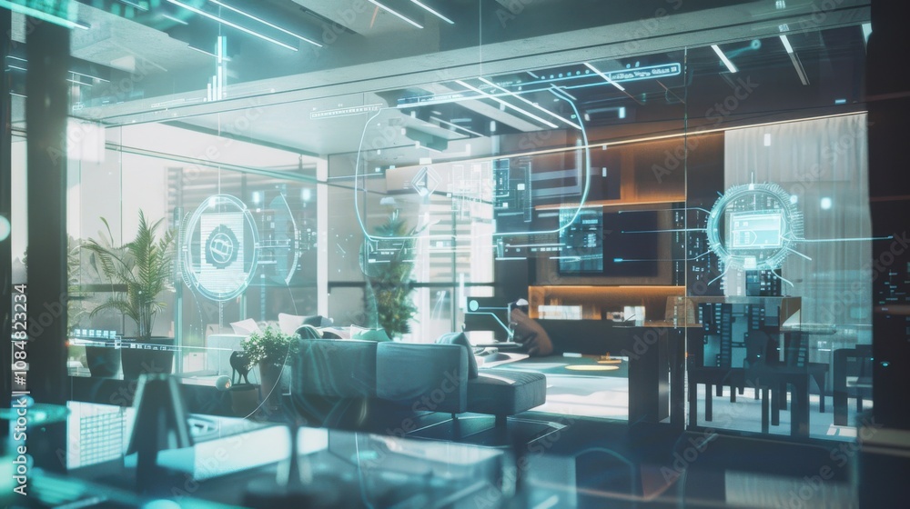 Poster a futuristic smart home with automated devices and interactive technology, innovative living scene, 