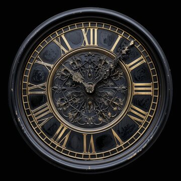 A black and gold clock with Roman numerals on it