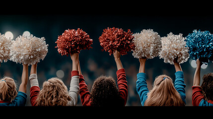 Cheerleaders raise pom poms in celebration during an exciting sports event at a crowded arena in the evening
