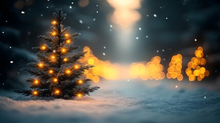 Naklejka premium A Beautifully Decorated Christmas Tree Adorned with Glowing Golden Fairy Lights Surrounded by Snowy Landscape and Soft Bokeh Background for Festive Celebrations