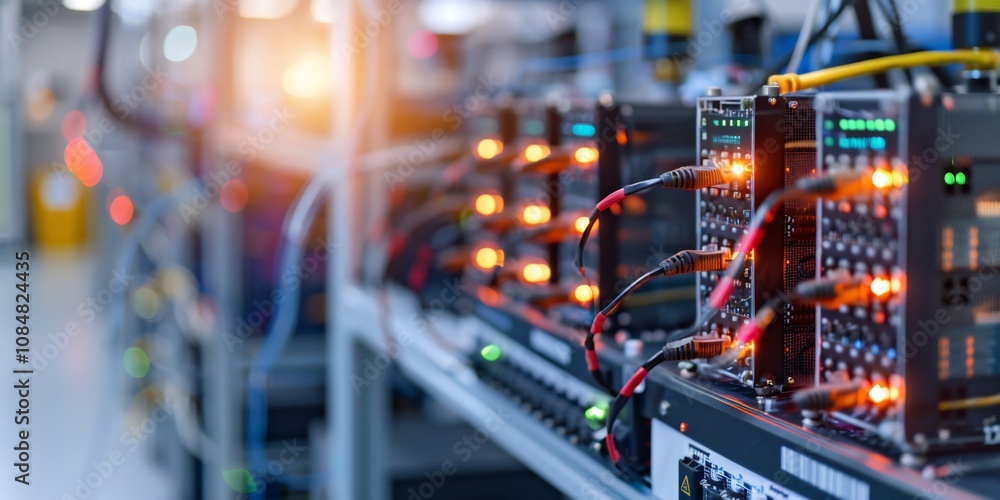 Poster illuminated server rack with cables in data center.