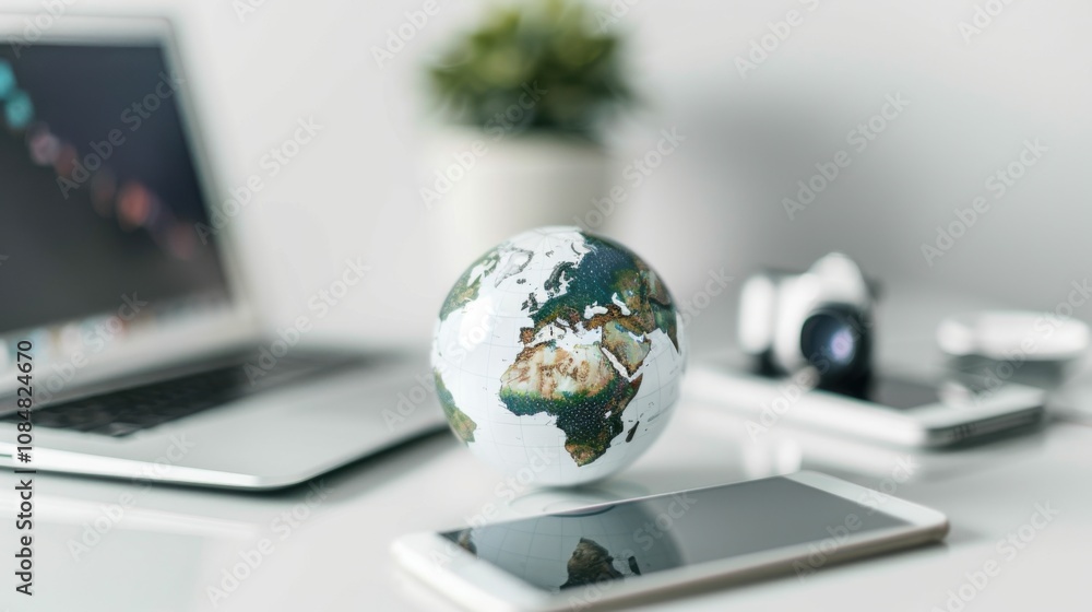 Poster A globe with various digital devices orbiting it, placed on a minimalist white table, symbolizing the global connectivity and technological advancement