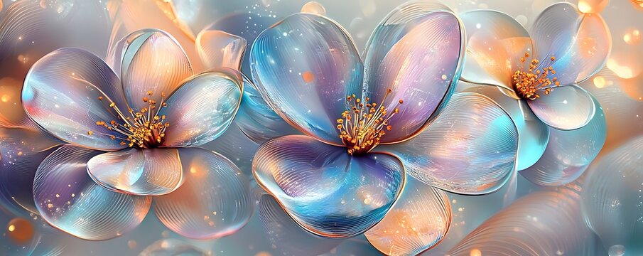 Photo wallpaper for the interior with flowers made of glass, an AI-generated abstraction for mural wall art decor.