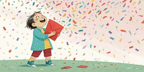 Colorful Confetti A child standing amidst a shower of colorful confetti clutching a red envelope their laughter echoing in the air.