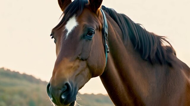 Chestnut horse posing in paddock at sunset