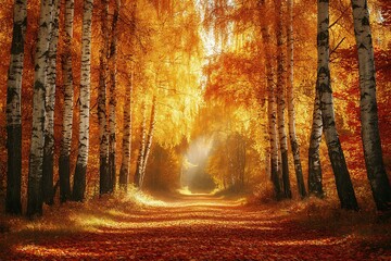 Fototapeta premium Serene autumn forest path illuminated by golden foliage.