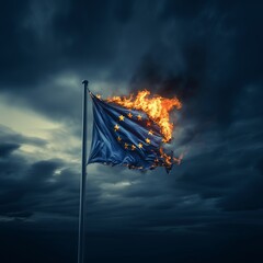 symbolic europe flag burning by climate change or civil war - Generative AI