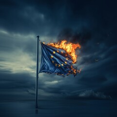 symbolic europe flag burning by climate change or civil war - Generative AI