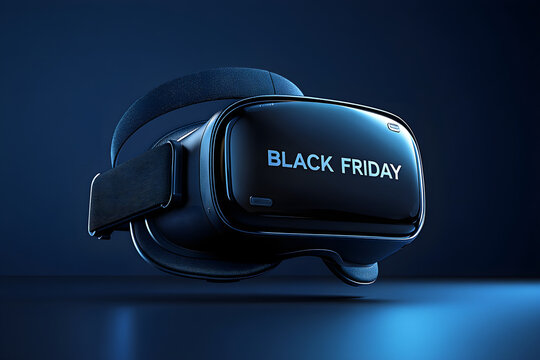 Black Friday Virtual Reality Headset with Blue Lighting on Dark Background.
