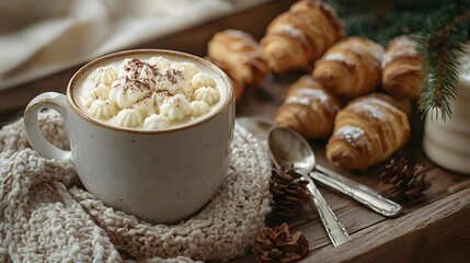 Warm Winter Drink Celebration Cozy Hot Chocolate with Whipped Cream and Croissants Home Kitchen Food Styling Inviting Atmosphere