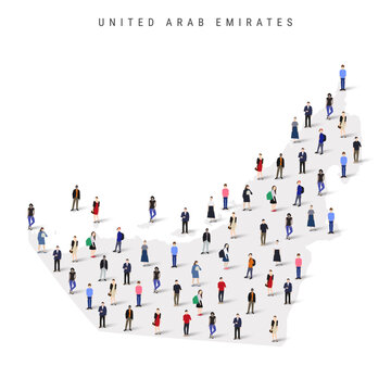 United Arab Emirates population map. Large group of realistic a diverse crowd of people figures in a shape of UAE map. Flat vector illustration isolated on white.