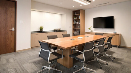 Naklejka premium Modern Business Meeting Room Interior with Modern Chairs and Table With Smart Television on the Wall.