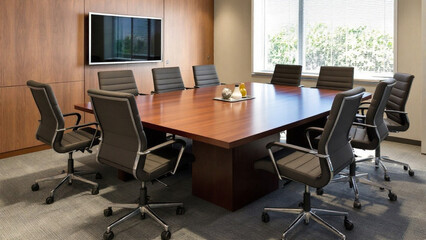 Modern Business Meeting Room Interior with Modern Chairs and Table With Smart Television on the Wall.