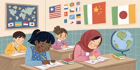 Four young elementary school students are concentrating on their notebooks and writing with pencils in a multicultural classroom decorated with flags from around the world