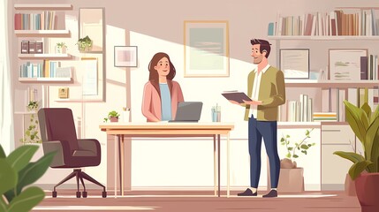 A professional interaction in a modern office setting with a laptop and documents.