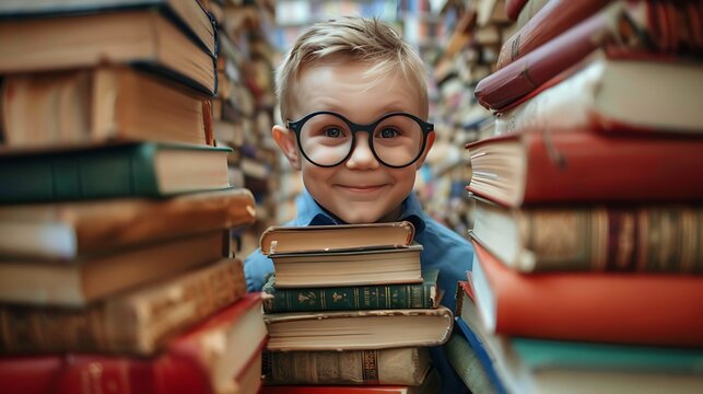 A cheerful boy with glasses surrounded by stacks of books in a library, showcasing a love for reading and learning.
