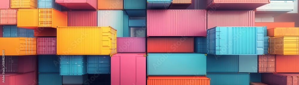 Poster colorful shipping containers stacked in an organized pattern, showcasing a vibrant array of hues and