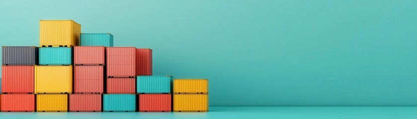 Fototapeta premium A vibrant arrangement of colorful shipping containers stacked against a turquoise background, showcasing modern logistics and trade.
