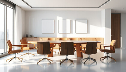 Modern Business Meeting Room Interior with Wooden Chairs and Blank White Canvas or Mockup Frame on the Wall. 