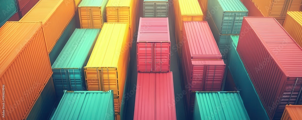 Poster a vibrant aerial view of stacked shipping containers in various colors, creating a visually striking