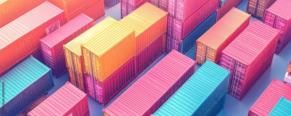 Poster a vibrant overhead view of stacked shipping containers in various colors, showcasing a dynamic logis