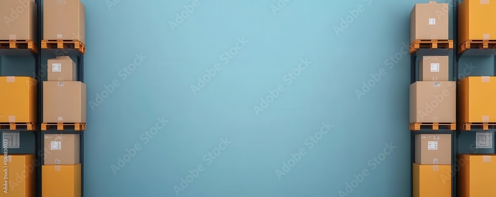 Poster a minimalist image showcasing neatly stacked yellow and brown boxes against a blue background, empha