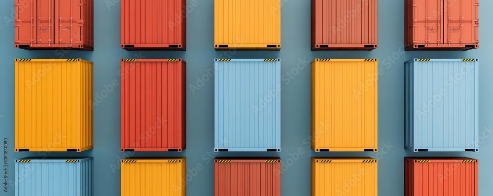 Poster a vibrant array of stacked shipping containers in various colors, creating a visually striking geome