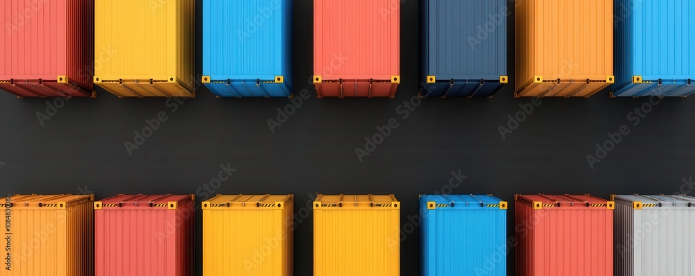 Poster aerial view of colorful shipping containers arranged in rows, showcasing various vibrant colors and 