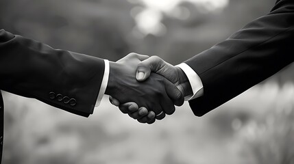 A monochrome image of two hands shaking, symbolizing agreement and partnership.