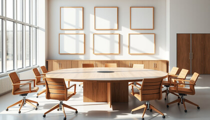 Fototapeta premium Modern Business Meeting Room Interior with Wooden Chairs and Blank White Canvas or Mockup Frame on the Wall. 