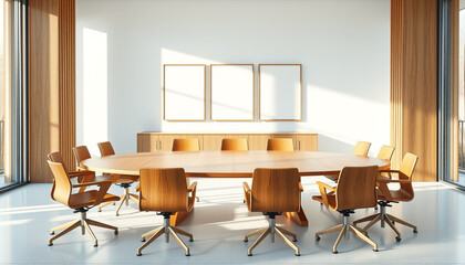 Fototapeta premium Modern Business Meeting Room Interior with Wooden Chairs and Blank White Canvas or Mockup Frame on the Wall. 