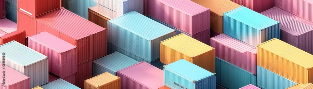 Poster a colorful array of stacked shipping containers, showcasing a vibrant and abstract pattern with vari