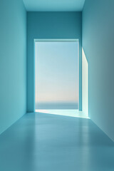 A minimalist, liminal space empty doorway, pale blue walls - leading to a dusty sunset sky. Lofi aesthetic, natural light - abstract simple hallway to infinity, surreal space