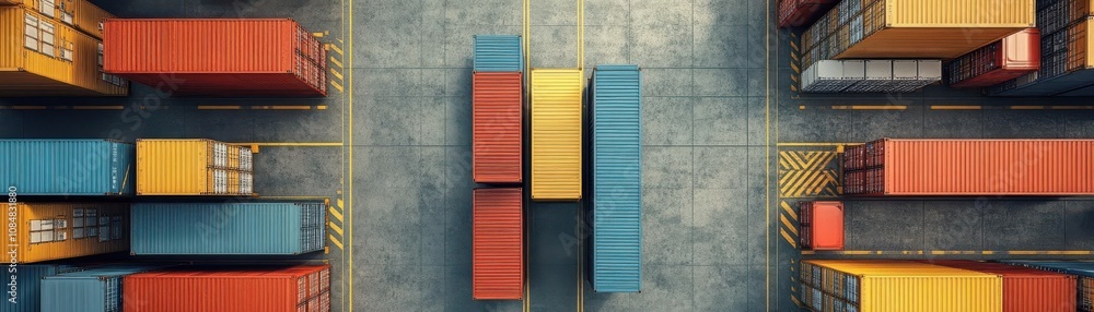 Poster aerial view of a shipping container yard featuring colorful containers arranged in rows with clear p