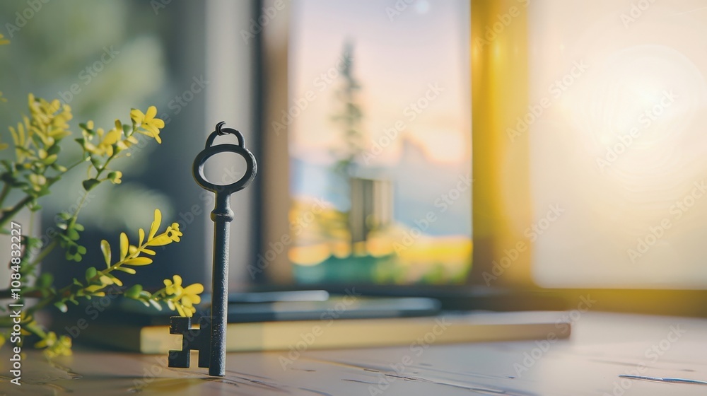 Poster a key with a tiny door and a landscape scene behind it, placed on a modern desk, symbolizing opportu