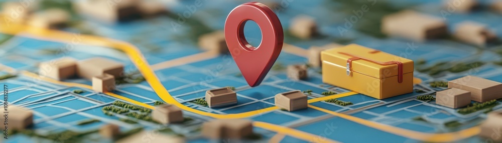 Poster a vibrant map with a red location pin highlighting a specific point amidst various buildings and roa