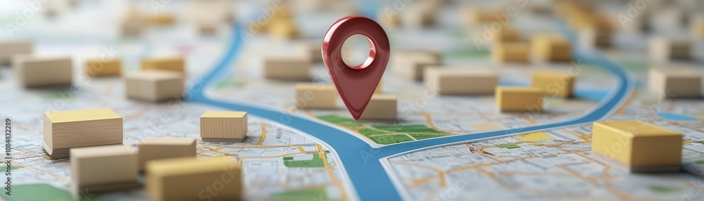 Poster a detailed map with a prominent red location pin, highlighting a specific area amidst various blocks
