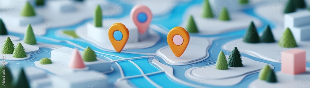 Poster a colorful 3d map featuring location pins, rivers, and greenery, illustrating navigation and geograp