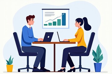 Professional Business Meeting Illustration: Two Colleagues Collaborating with Laptop and Data Chart for Productivity and Success