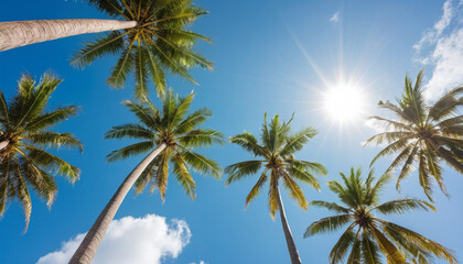 Obraz premium Sunlight Streaming Through Palm Trees Against a Clear Blue Sky on a Tropical Island.
