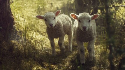 Obraz premium A fluffy white lamb frolics in a lush green meadow with its mother sheep