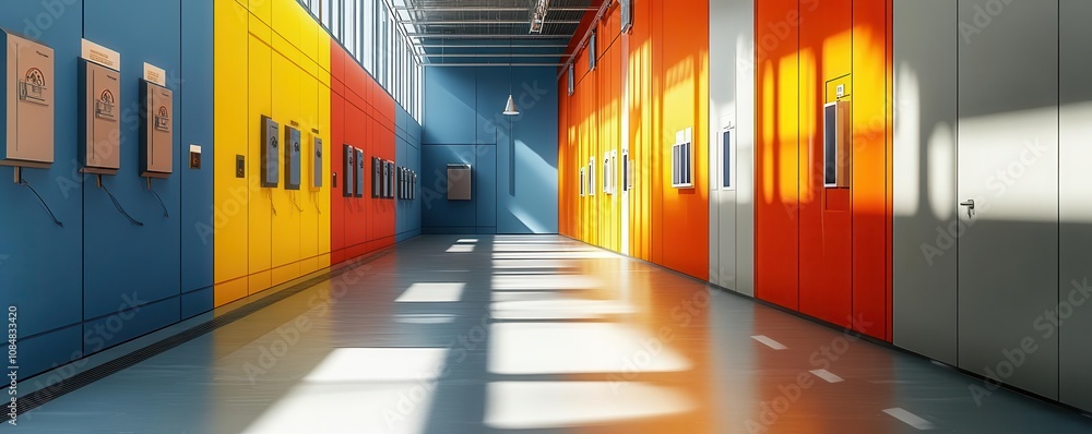 Poster a vibrant corridor showcasing colorful walls and sunlight casting shadows, creating a cheerful and i