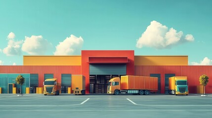 A vibrant warehouse with colorful shipping containers and trucks parked outside under a clear blue sky.