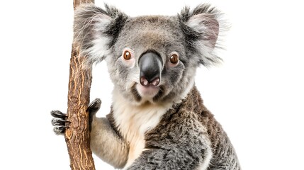 Obraz premium A close-up of a koala holding onto a branch, showcasing its distinctive features and fur texture.