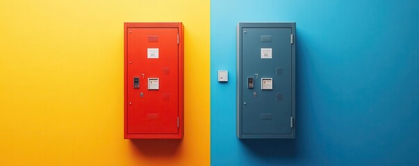 Two contrasting lockers stand against vibrant yellow and blue backgrounds, showcasing bold colors and modern design.