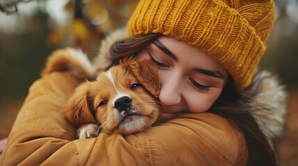 A woman joyfully embraces a puppy in a cozy outdoor setting, showcasing warmth and affection.