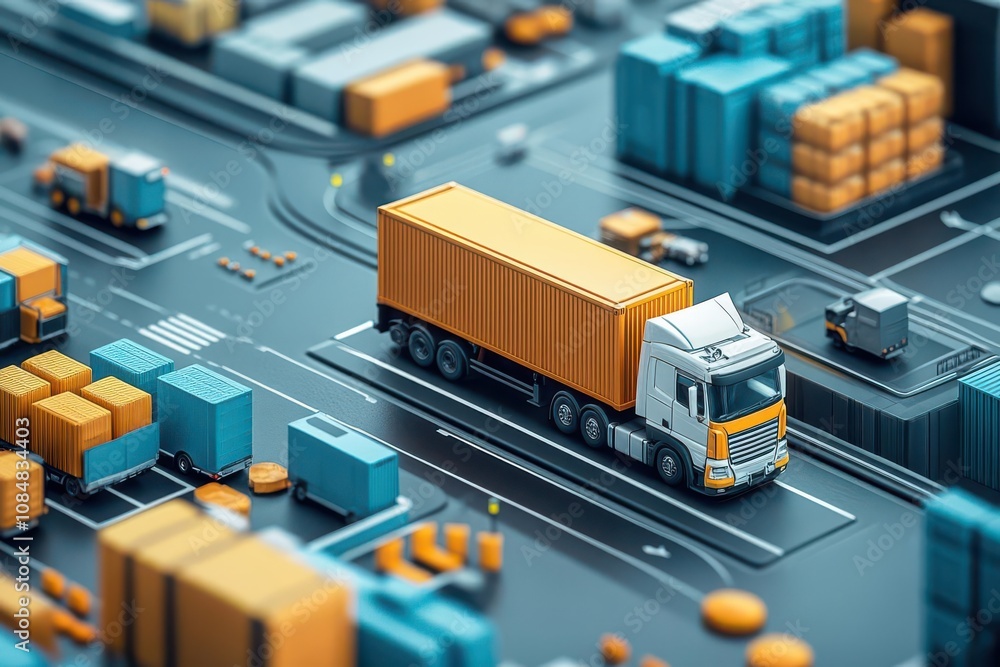 Poster a miniature model of a truck transporting a large orange shipping container amidst a busy layout of 