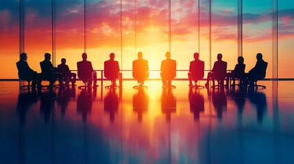 Silhouette of a business team walking towards a bright future