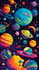 A vibrant cosmic scene featuring colorful planets, stars, and a whimsical space background.